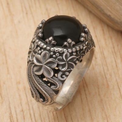 Onyx domed ring, 'Midnight Plumeria' - Floral Sterling Silver and Onyx Cabochon Domed Ring