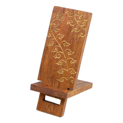 Wood phone stand, 'Glitter Flower' - Hand-Carved and Painted Wood Phone Stand with Floral Motif