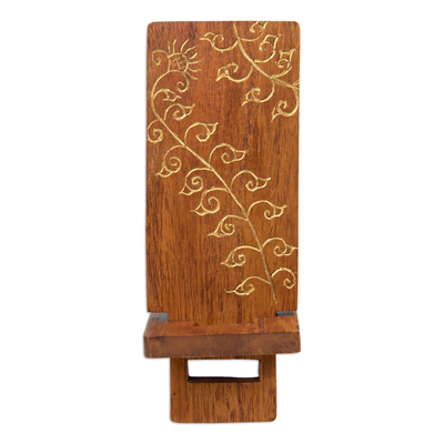Wood phone stand, 'Glitter Flower' - Hand-Carved and Painted Wood Phone Stand with Floral Motif