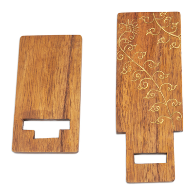 Wood phone stand, 'Glitter Flower' - Hand-Carved and Painted Wood Phone Stand with Floral Motif