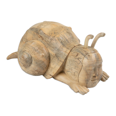 Wood sculpture, 'Relaxed Snail Man' - Whimsical Wood Sculpture of a Snail Man Hand-Carved in Bali