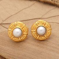 Gold-plated cultured pearl button earrings, 'Pearly Umbrella' - 22k Gold-plated Cultured Pearl Umbrella Button Earrings