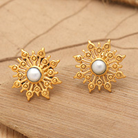 Gold-plated cultured pearl button earrings, 'Oceanic Chakra' - 22k Gold-plated Cultured Pearl Chakra Button Earrings