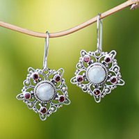 Garnet and rainbow moonstone dangle earrings, 'Starry Romance'
