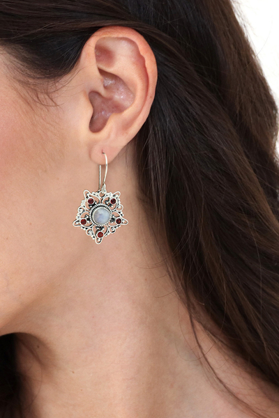 Garnet and rainbow moonstone dangle earrings, 'Starry Romance' - 5-Carat Garnet and Rainbow Moonstone Star Dangle Earrings