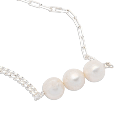 Cultured pearl pendant necklace, 'Triple Nobility' - Polished Sterling Silver and Cultured Pearl Pendant Necklace