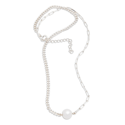 Cultured pearl pendant necklace, 'One Nobility' - Sterling Silver and White Cultured Pearl Pendant Necklace
