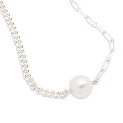 Cultured pearl pendant necklace, 'One Nobility' - Sterling Silver and White Cultured Pearl Pendant Necklace