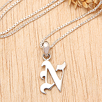 Sterling silver pendant necklace, 'Alphabet N' - Polished Sterling Silver Letter N Pendant Necklace from Bali