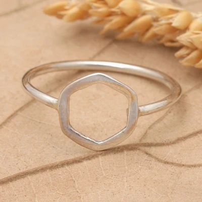 Sterling silver band ring, 'Hexagon Glam' - Modern Hexagon Geometric Sterling Silver Band Ring from Bali