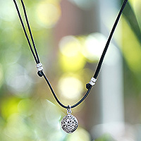 Sterling silver pendant necklace, 'Floral Orb' - Sterling Silver Floral Pendant Necklace with Adjustable Cord
