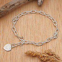 Sterling silver charm bracelet, 'Jolly Heart & Ropes' - Polished Rope Sterling Silver Heart-Shaped Charm Bracelet