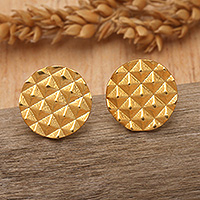 Gold-plated stud earrings, 'Pyramidal World' - Geometric Round 18k Gold-Plated Stud Earrings from Bali