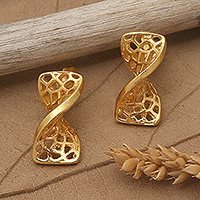Gold-plated button earrings, 'Unique Net' - Polished Modern 18k Gold-Plated Button Earrings from Bali