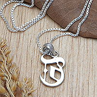 Sterling silver pendant necklace, 'Alphabet T' - Polished Sterling Silver Letter T Pendant Necklace from Bali