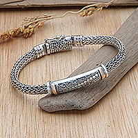 Men's gold-accented pendant bracelet, 'Summer Swirls' - Men's 18k Gold-Accented Silver Pendant Bracelet from Bali