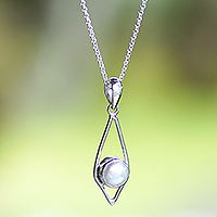 Cultured pearl pendant necklace, 'Luminous Luxury' - White Cultured Pearl Blue Overtone Silver Pendant Necklace