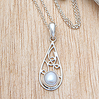 Cultured pearl pendant necklace, 'Majestic Ocean' - Cultured Pearl Silver Pendant Necklace with Openwork Accents