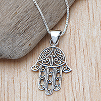 Sterling silver pendant necklace, 'Protective Hamsa' - Silver Necklace with Openwork Hamsa Hand Symbol Pendant