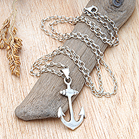 Men's sterling silver pendant necklace, 'Anchors Aweigh' - Men's Sterling Silver Pendant Necklace with Anchor Motif