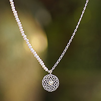 Cultured pearl pendant necklace, 'Peaceful Morning' - High-Polished Floral Cultured Pearl Strand Pendant Necklace