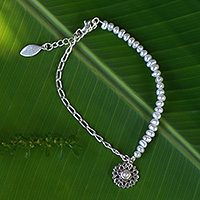 Cultured pearl pendant bracelet, 'Peaceful Morning' - High-Polished Floral Cultured Pearl Strand Pendant Bracelet