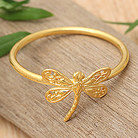 Gold-plated cocktail ring, 'Sacred Dragonfly' - 18k Gold-Plated Dragonfly-Shaped Cocktail Ring from Bali