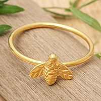 Gold-plated band ring, 'Radiant Bee' - Bee-Themed Textured Polished 18k Gold-Plated Band Ring