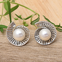 Cultured pearl button earrings, 'Ocean Whirl' - Whirl-Shaped Grey Cultured Pearl Button Earrings from Bali