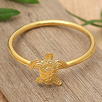 Gold-plated band ring, 'Radiant Swimming Turtle' - Polished Textured 18k Gold-Plated Sea Turtle Band Ring