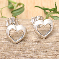 Sterling silver stud earrings, 'Double Love' - High-Polished Heart-Shaped Sterling Silver Stud Earrings