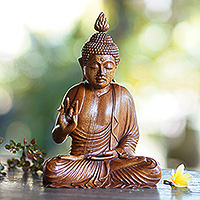 Wood sculpture, 'Buddha Mudra' - Inspirational Hand-Carved Suar Wood Buddha Sculpture