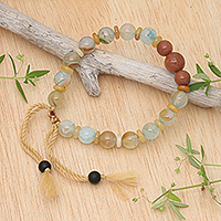 Aquamarine and beryl beaded wristband bracelet, 'Serene Vibes' - Adjustable Aquamarine and Beryl Beaded Yoga Bracelet