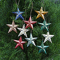 Wood ornaments, 'Twinkle Rainbow Star' (set of 10) - Set of 10 Colorful Wood Star Ornaments with Golden Glitter