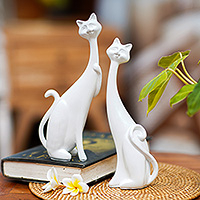 Cement and lava sand sculptures, 'Feline Finesse' (set of 2) - Set of 2 Handcrafted Cement and Lava Sand Cat Sculptures