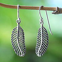 Sterling silver dangle earrings, 'Snowy Foliage' - Leafy Polished and Oxidized Sterling Silver Dangle Earrings