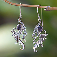 Amethyst dangle earrings, 'Peacock Supreme in Purple' - Sterling Silver Peacock Feather Earrings with Amethyst Gems