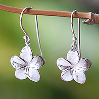 Sterling silver dangle earrings, 'Ethereal Frangipani' - Polished Sterling Silver Floral Dangle Earrings from Bali
