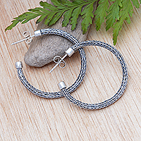 Sterling silver half-hoop earrings, 'Naga Era' - Traditional Naga Sterling Silver Half-Hoop Earrings