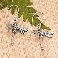 Sterling silver dangle earrings, 'Dragonfly Nirvana' - Dragonfly-Themed Sterling Silver Dangle Earrings from Bali