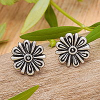 Sterling silver stud earrings, 'Blooming Child' - Polished and Oxidized Floral Sterling Silver Dangle Earrings