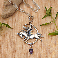 Amethyst pendant necklace, 'Pegasus Heaven' - Sterling Silver and Amethyst Pegasus Pendant Necklace