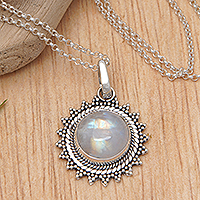 Rainbow moonstone pendant necklace, 'Sunday Moon' - Sun-Themed Natural Rainbow Moonstone Pendant Necklace