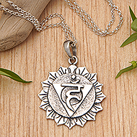 Sterling silver pendant necklace, 'Vishuddha Energy' - Spiritual Floral Sterling Silver Vishuddha Pendant Necklace