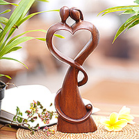 Wood sculpture, 'One in Love' - Romantic Semi-Abstract Heart-Shaped Suar Wood Sculpture