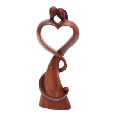 Wood sculpture, 'One in Love' - Romantic Semi-Abstract Heart-Shaped Suar Wood Sculpture