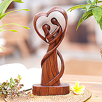 Wood sculpture, 'Dancing with Love' - Hand-Carved Romantic Suar Wood Sculpture of Dancing Couple