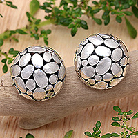 Sterling silver button earrings, 'Oval World' - Bubble-Patterned Sterling Silver Button Earrings from Bali