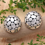 Sterling silver button earrings, 'Oval World' - Bubble-Patterned Sterling Silver Button Earrings from Bali