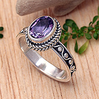 Amethyst single stone ring, 'Wise Waves' - Classic Balinese One-Carat Amethyst Single Stone Ring